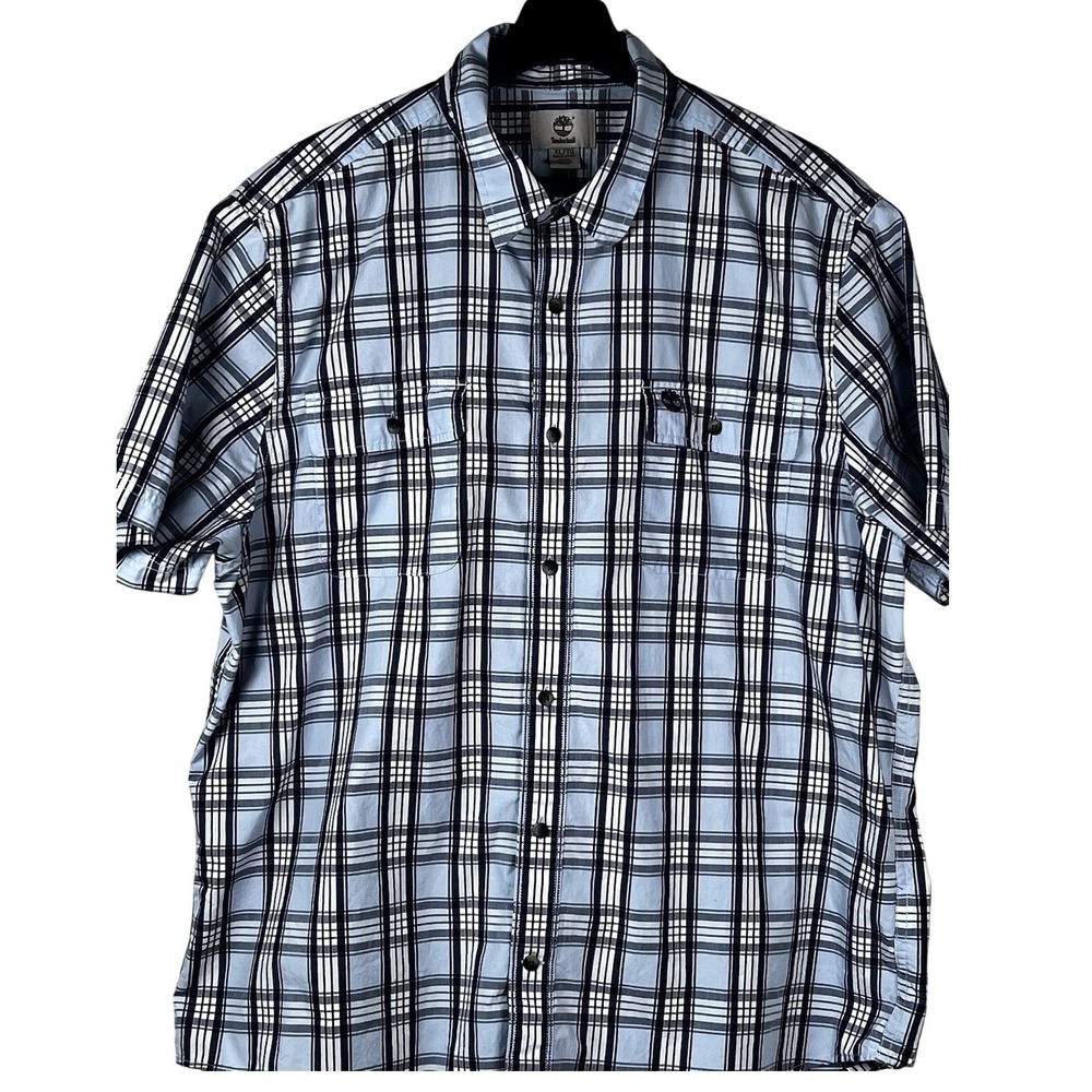 Timberland Mens XL Short Sleeve Plaid Button Down Shirt Blue White TB0A1D3Y